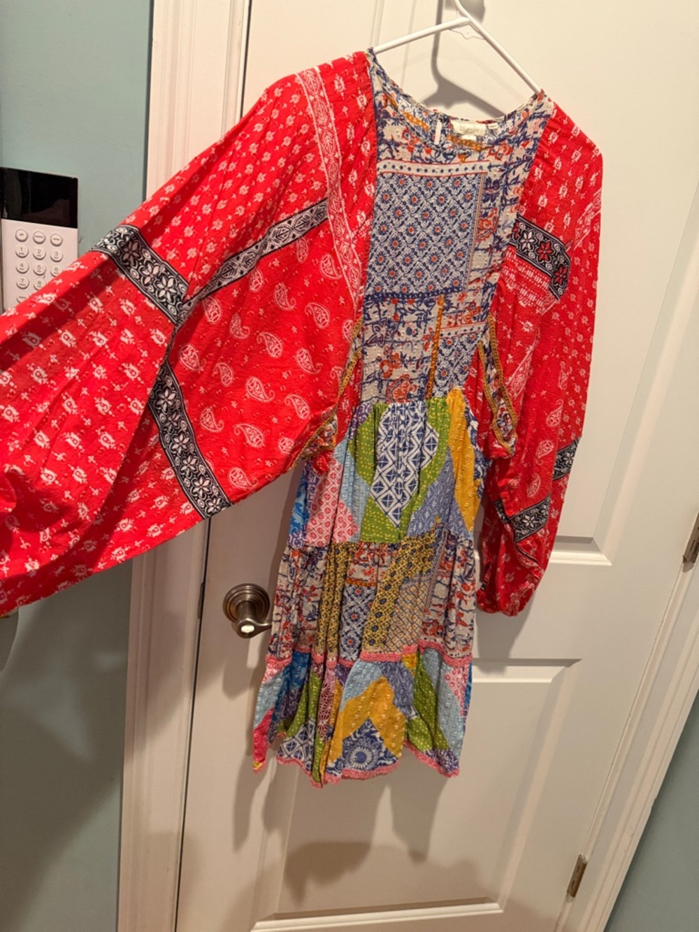 Vibrant Patchwork Boho Dress with Red Balloon Sleeves